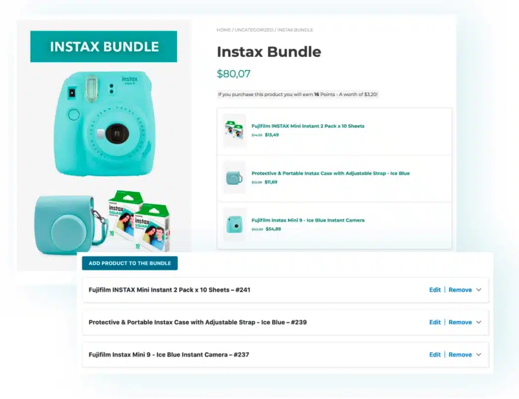 Lot Instax compos&eacute; d&rsquo;un appareil photo, d&rsquo;un &eacute;tui et d&rsquo;un pack de pellicules, avec le prix total du lot et sa configuration dans l&rsquo;administration