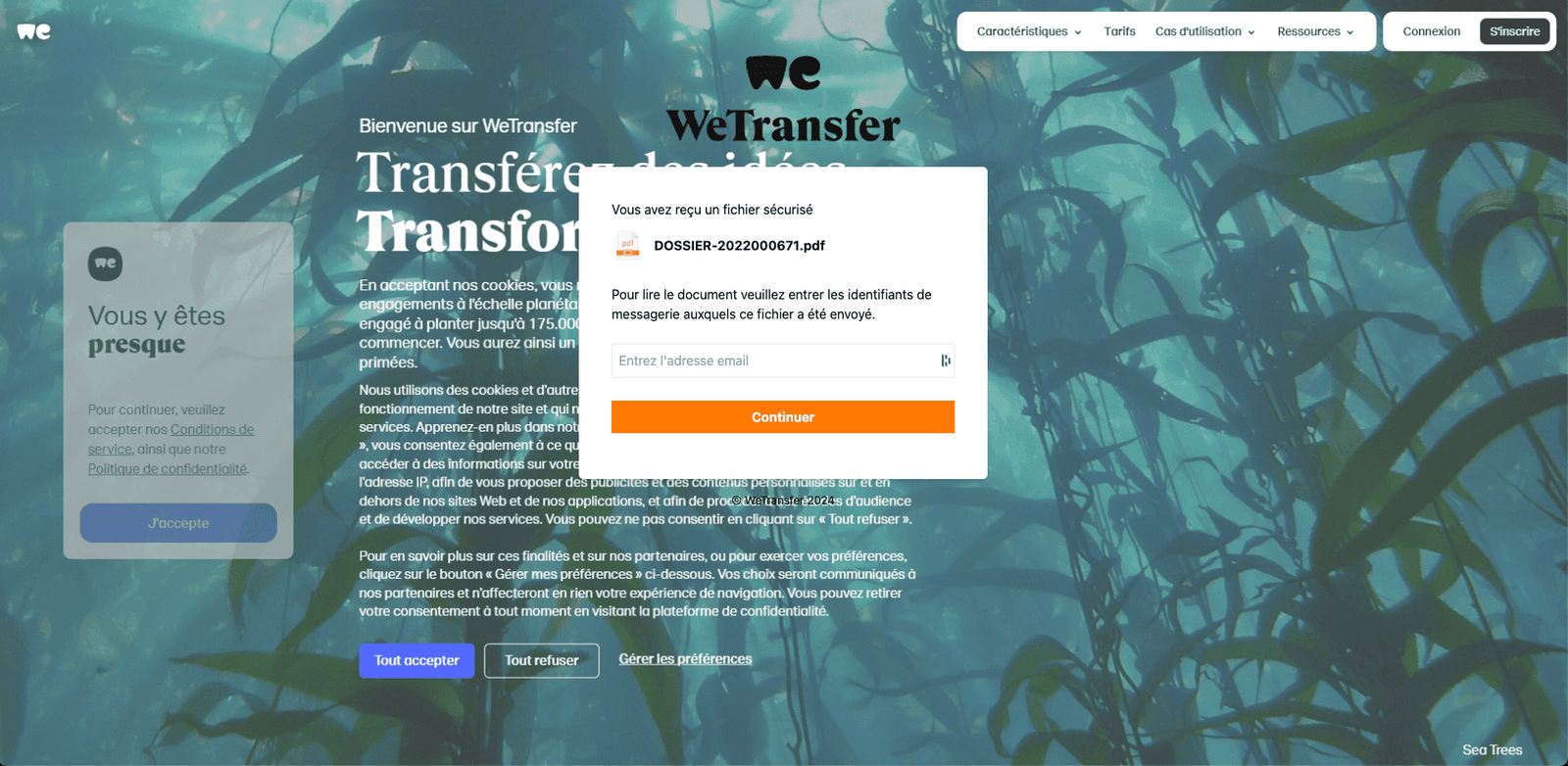 Fausse page WeTransfer h&eacute;berg&eacute;e sur un site WordPress pirat&eacute;, qui demande l&rsquo;adresse e-mail du visiteur pour acc&eacute;der &agrave; un pr&eacute;tendu fichier PDF