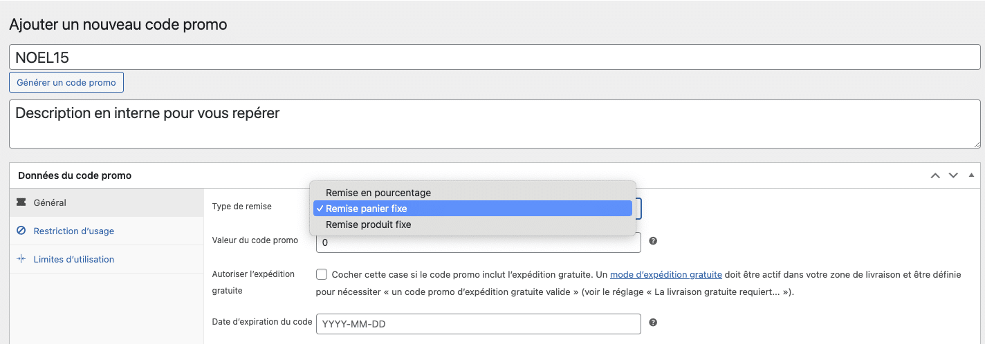 &Eacute;cran de cr&eacute;ation d&rsquo;un code promo dans WooCommerce avec le code NOEL15, le type de remise, sa valeur, la livraison gratuite et la date d&rsquo;expiration