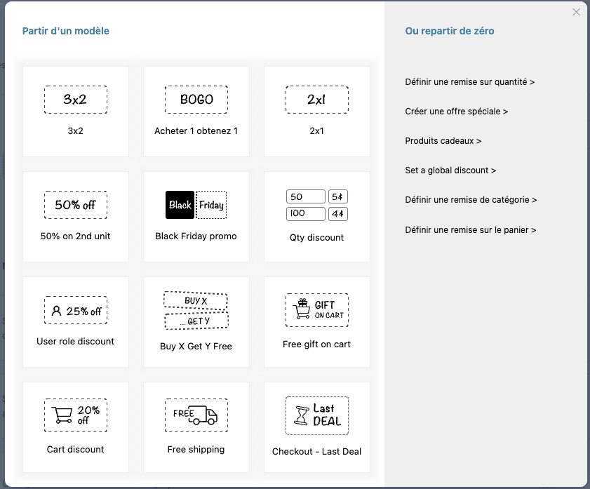 Choix d&rsquo;un mod&egrave;le de r&egrave;gle dans YITH Dynamic Pricing&nbsp;: 3 pour 2, un achet&eacute; un offert, 2 pour 1, 50&nbsp;% sur le deuxi&egrave;me, Black Friday, remise par quantit&eacute;, par r&ocirc;le, cadeau, remise panier, livraison offerte et derni&egrave;re chance