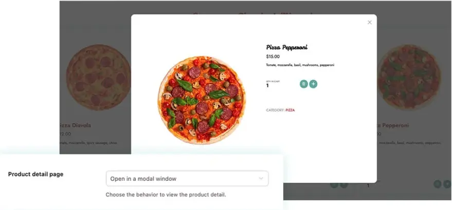 Fiche d&rsquo;une pizza ouverte dans une fen&ecirc;tre par-dessus la carte, avec sa composition, son prix et le choix de la quantit&eacute;