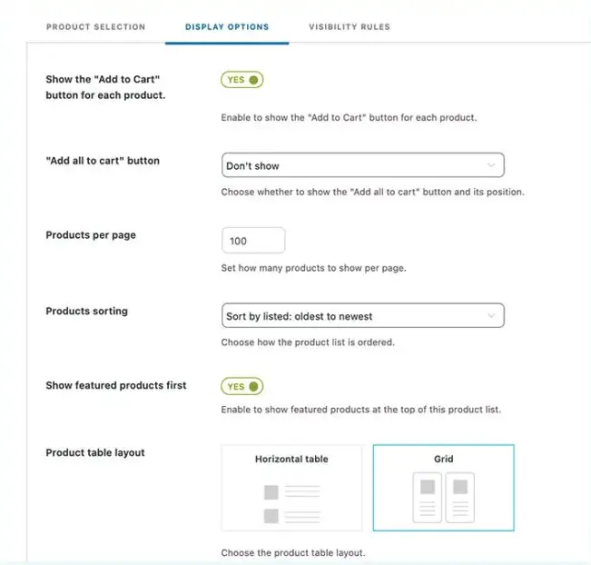 Options d&rsquo;affichage d&rsquo;une liste de produits&nbsp;: bouton ajouter au panier, nombre de produits par page, tri, produits mis en avant et choix entre tableau et grille