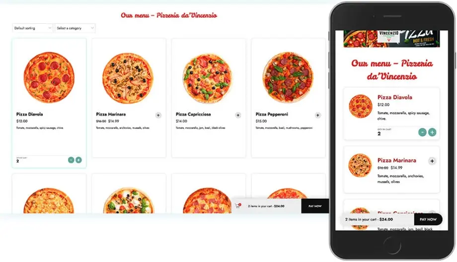 Carte d&rsquo;une pizzeria sur ordinateur en grille de quatre colonnes et sur t&eacute;l&eacute;phone en une colonne avec le panier en bas de l&rsquo;&eacute;cran