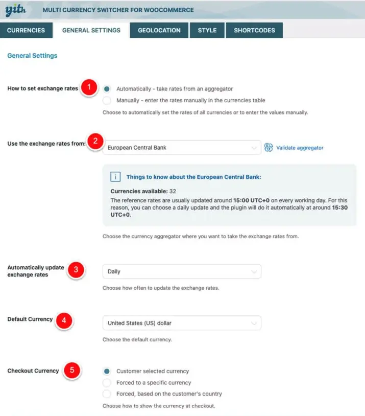 R&eacute;glages g&eacute;n&eacute;raux de YITH Multi Currency Switcher num&eacute;rot&eacute;s de 1 &agrave; 5&nbsp;: mode de taux, source des taux, fr&eacute;quence de mise &agrave; jour, devise par d&eacute;faut et devise de paiement