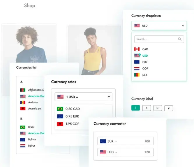 Exemples de s&eacute;lecteurs de devise&nbsp;: liste d&eacute;roulante avec drapeaux, liste des devises, taux de change et convertisseur