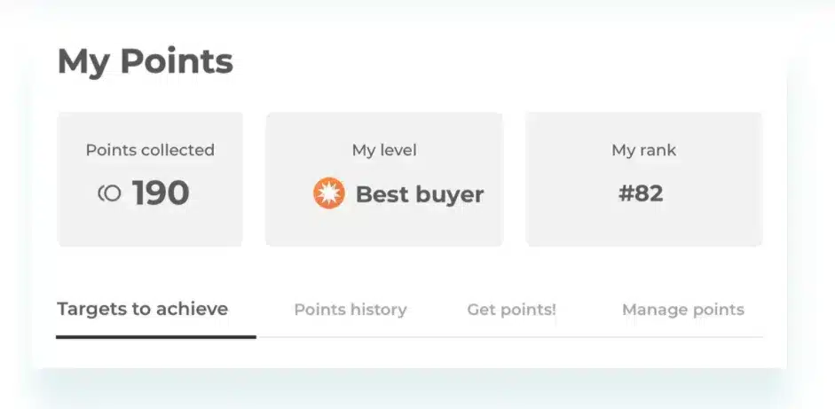 Espace Mes points d&rsquo;un client avec ses points collect&eacute;s, son niveau Best buyer et son rang dans le classement