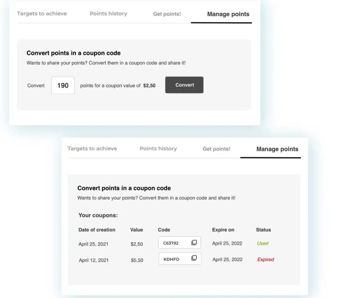Conversion de 190 points en un code promo de 2,50 dollars depuis Mon compte, avec la liste des codes d&eacute;j&agrave; cr&eacute;&eacute;s, leur valeur et leur statut