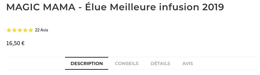 Fiche produit Elementor qui affiche sous le titre la note Yotpo en cinq &eacute;toiles et le nombre d&rsquo;avis