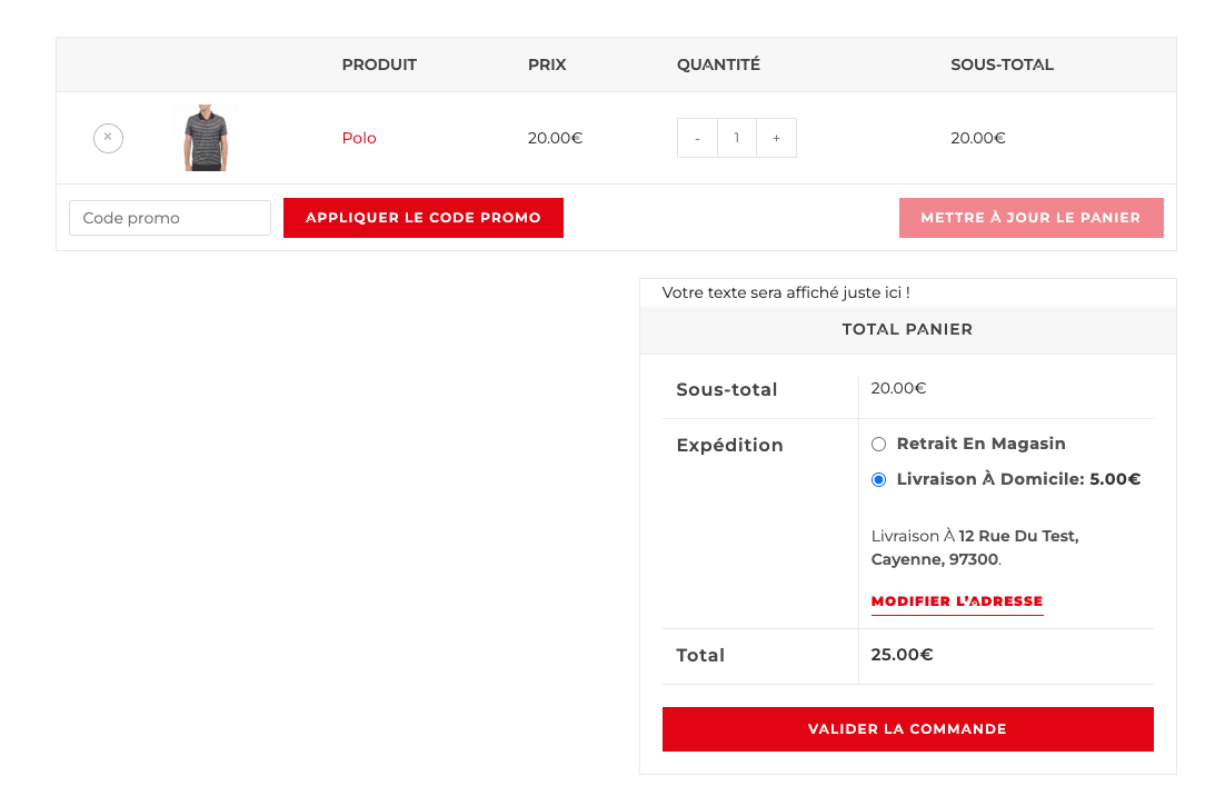 Page panier WooCommerce avec un texte personnalis&eacute; affich&eacute; juste au-dessus du bloc Total panier