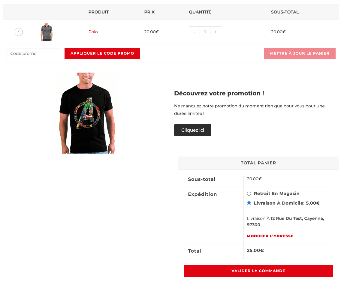 Page panier WooCommerce avec un bloc promotionnel Elementor, une image de t-shirt, un titre et un bouton, ins&eacute;r&eacute; entre le tableau des produits et le total