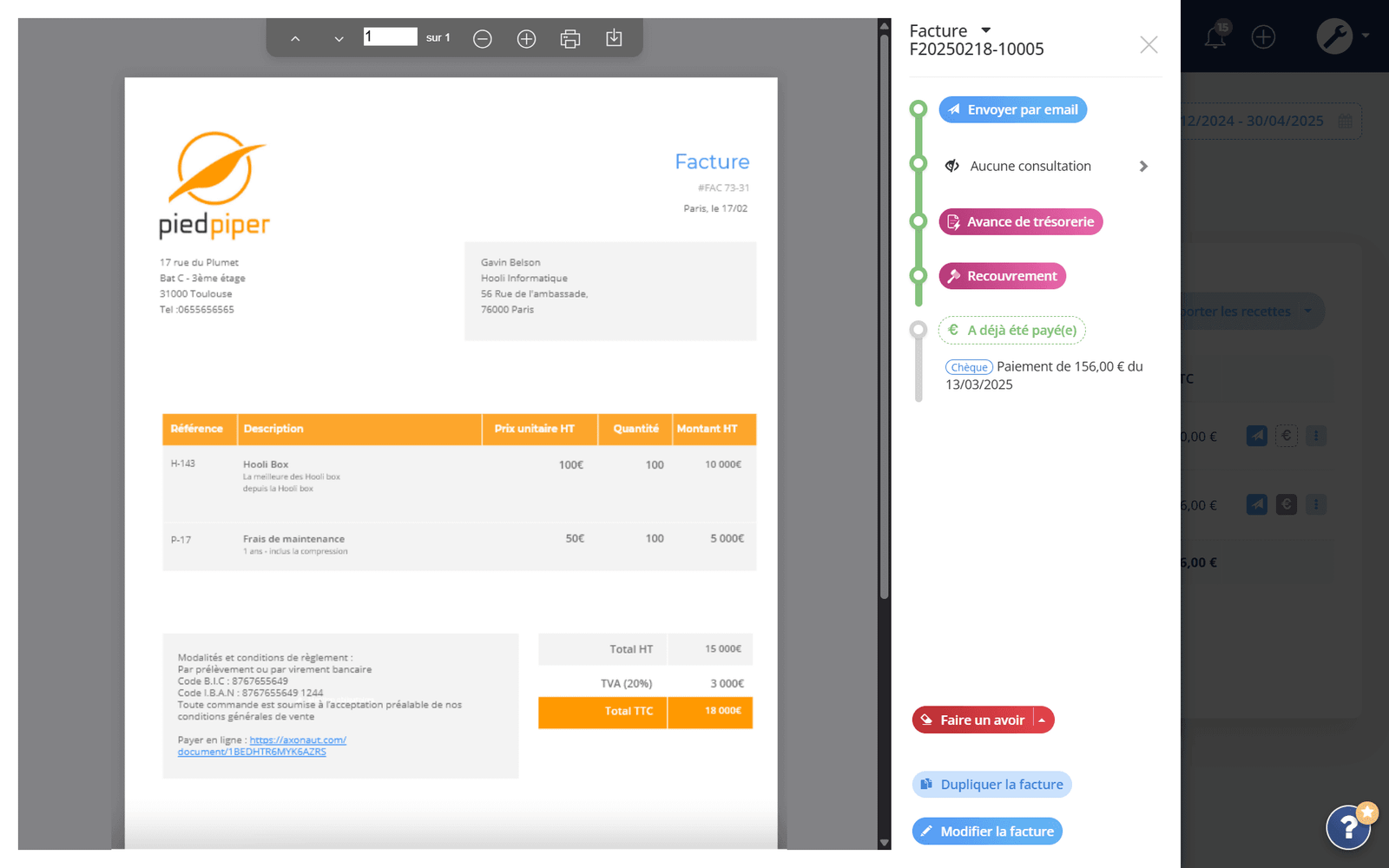 Aper&ccedil;u d&rsquo;une facture dans Axonaut avec les actions envoyer par e-mail, relancer et faire un avoir