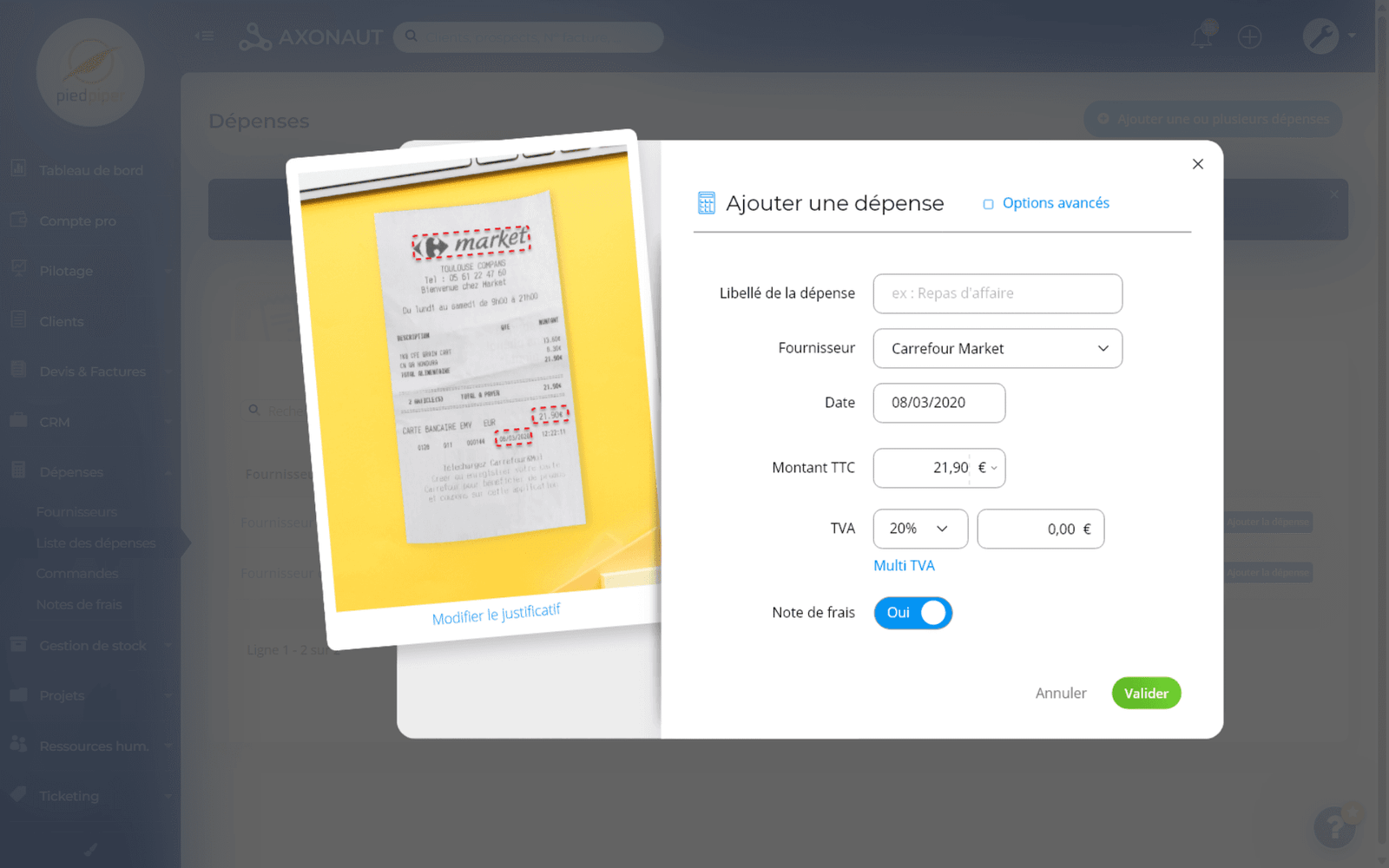 Ajout d&rsquo;une d&eacute;pense dans Axonaut &agrave; partir de la photo d&rsquo;un ticket de caisse, champs remplis automatiquement