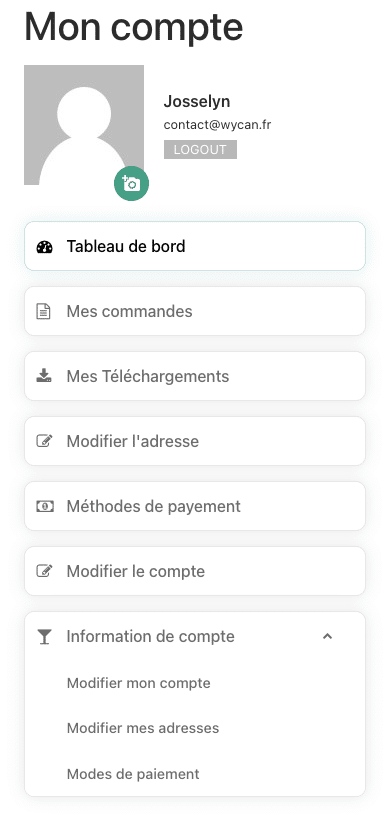 Menu de la page Mon compte personnalis&eacute; avec ic&ocirc;nes et un groupe Information de compte qui rassemble le compte, les adresses et les modes de paiement
