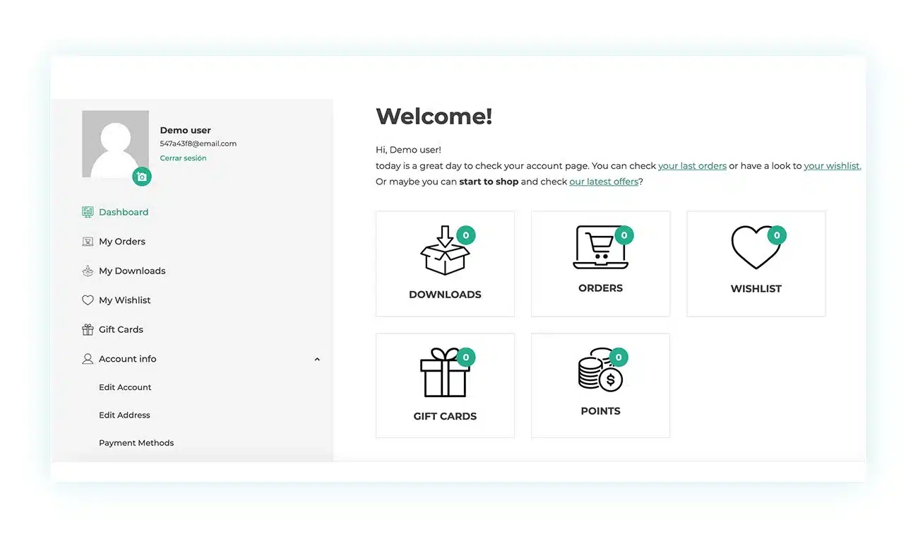Page Mon compte avec un menu lat&eacute;ral et des banni&egrave;res illustr&eacute;es vers les t&eacute;l&eacute;chargements, les commandes, la liste de souhaits, les cartes cadeaux et les points