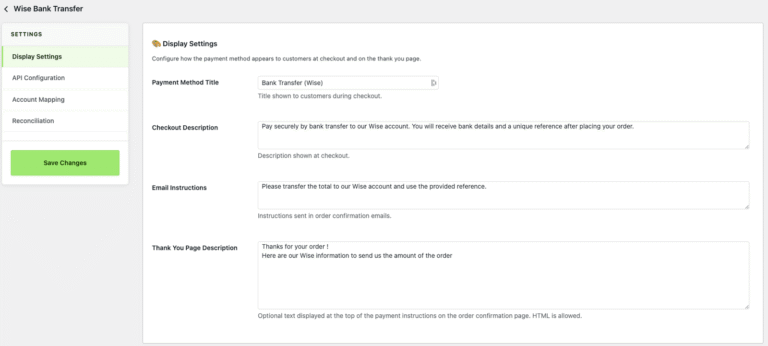 Passerelle de paiement Wise pour WooCommerce : capture d’écran 1