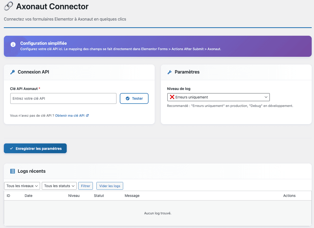 Page de r&eacute;glages du connecteur Axonaut dans WordPress&nbsp;: cl&eacute; API, test de connexion, niveau de journalisation et journal des envois