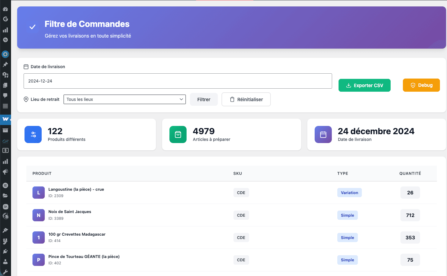 Page Filtre de commandes dans WooCommerce&nbsp;: 122 produits diff&eacute;rents et 4&nbsp;979 articles &agrave; pr&eacute;parer pour le 24 d&eacute;cembre, avec les quantit&eacute;s par produit