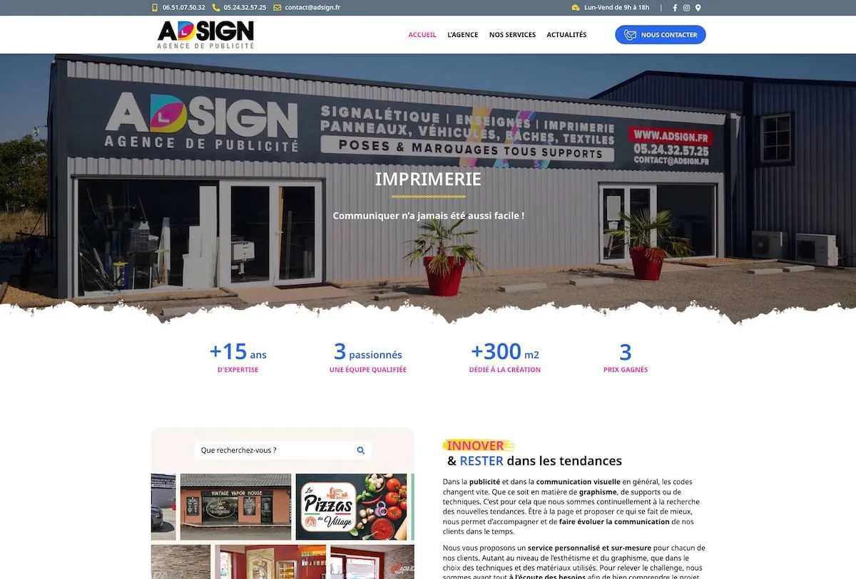 Site WordPress vitrine réalisé par Wycan pour ADSign - Signalétique / enseignes publicitaires