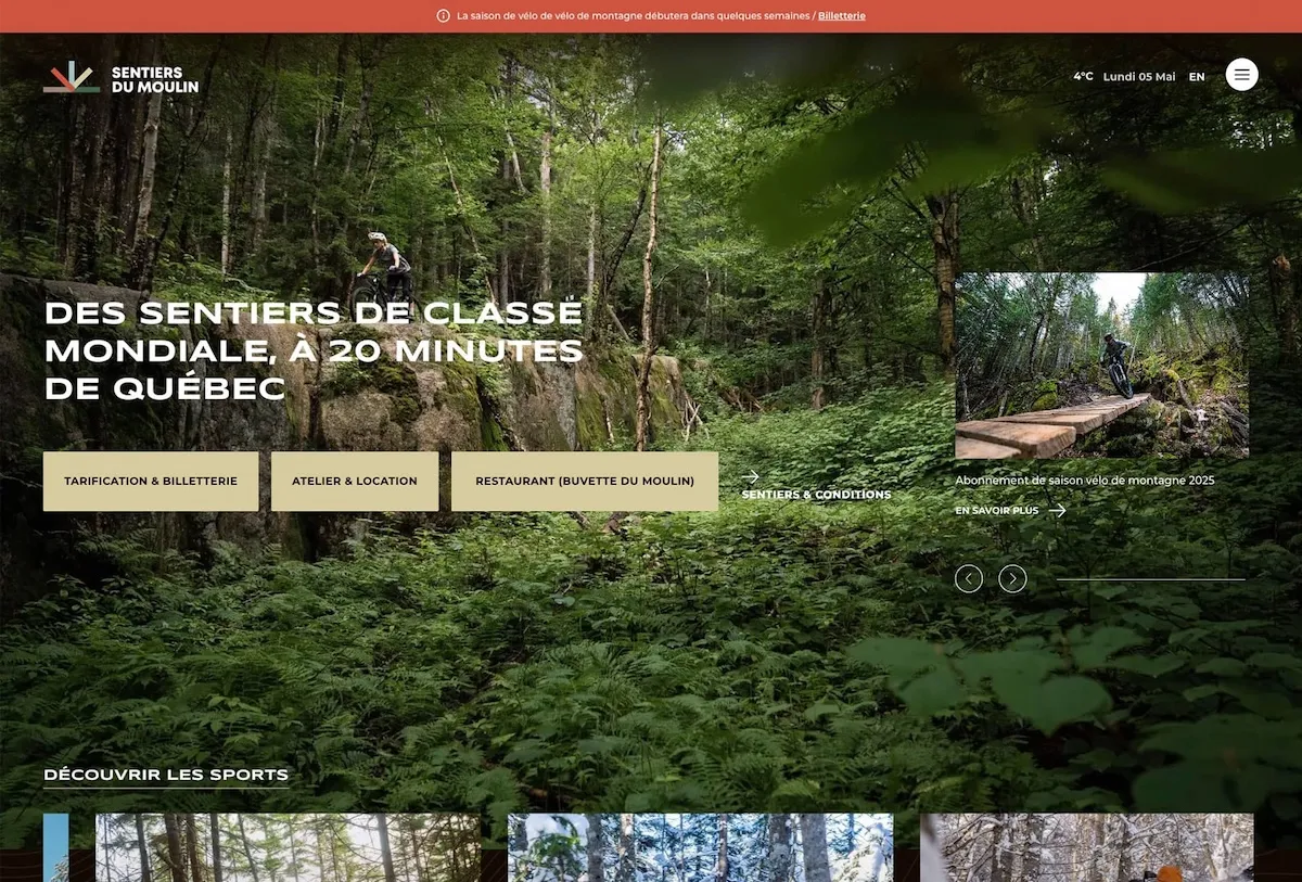 Site WordPress vitrine réalisé par Wycan pour Sentiers du Moulins - Plein air / loisirs nature (tourisme, Québec)