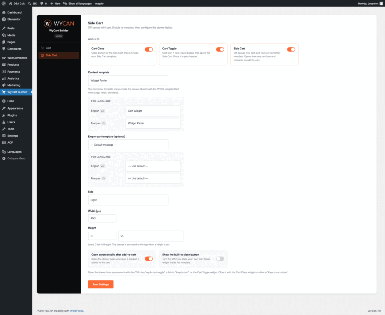 Panier WooCommerce 100% personnalisable dans Elementor : WyCart Builder : capture d&rsquo;&eacute;cran 2