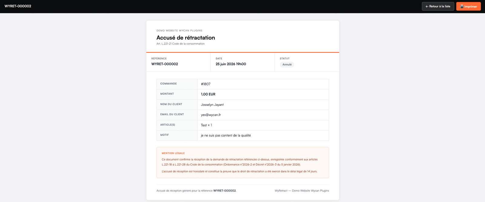 Accus&eacute; de r&eacute;ception de r&eacute;tractation g&eacute;n&eacute;r&eacute; par WyRetract, avec r&eacute;f&eacute;rence, date, heure et rappel de l&rsquo;article L221-21